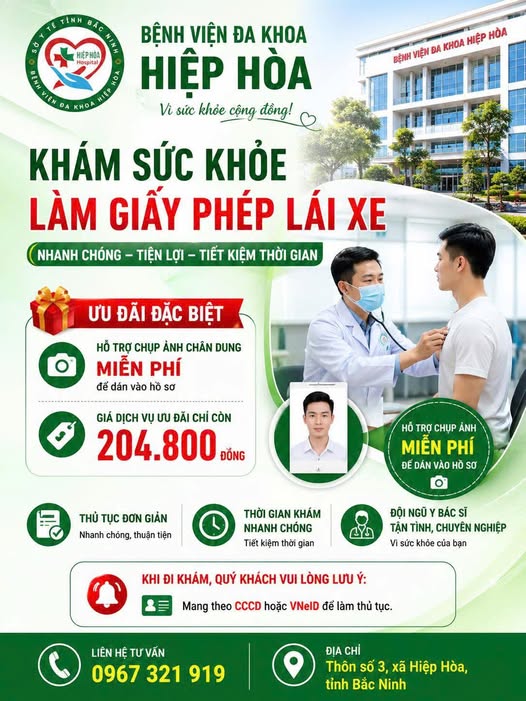 KHÁM SỨC KHỎE LÀM GIẤY PHÉP LÁI XE – NHANH CHÓNG, TIỆN LỢI TẠI BỆNH VIỆN ĐA KHOA HIỆP HÒA